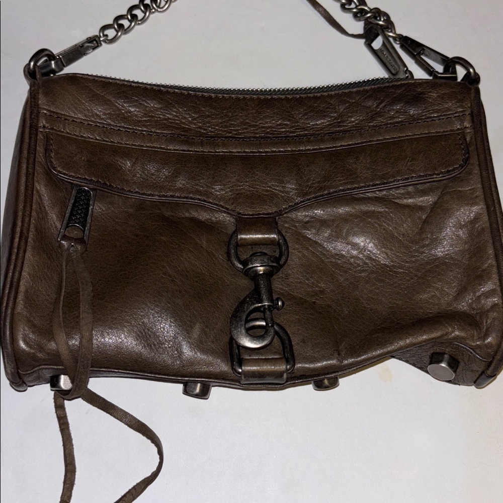 REBECCA MINKOFF MOSS GREEN LEATHER CROSSBODY BAG POCKET OUTSIDE WITH ZIP CLOSURE